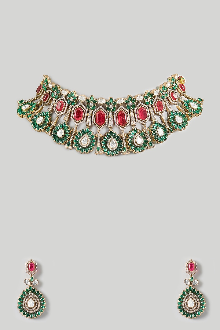 Two-Tone Finish Kundan Polki & Multi-Colored Stone Choker Necklace Set by JewelTreeTz at Pernia's Pop Up Shop