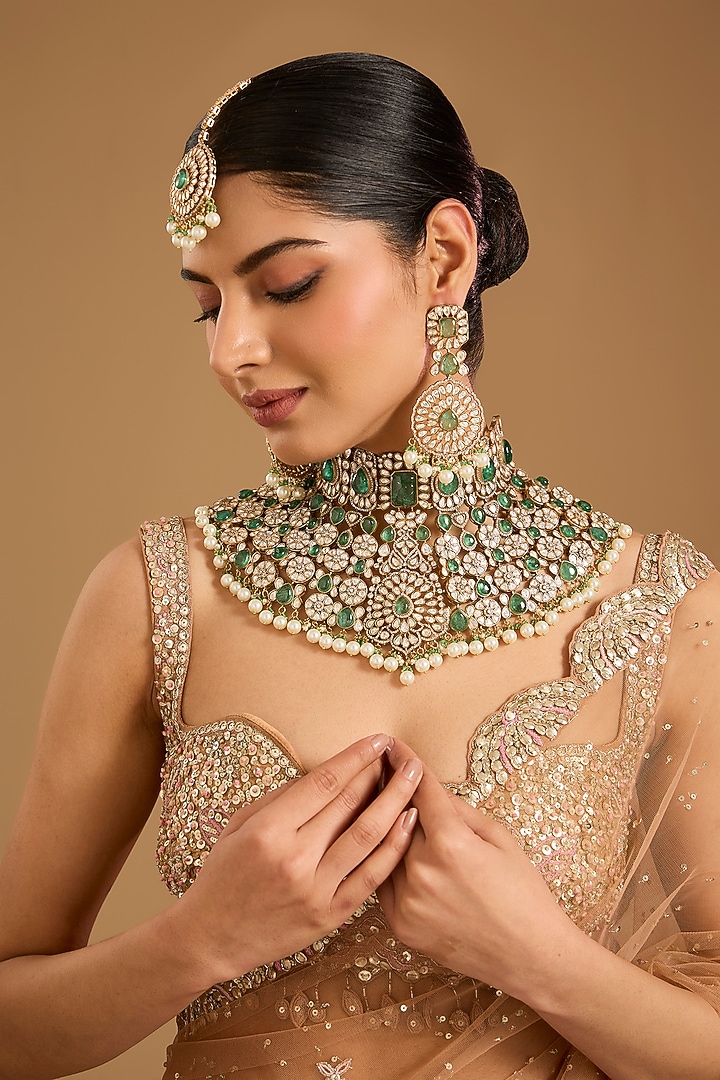 Gold Finish Kundan Polki & Emerald Stone Choker Necklace Set by JewelTreeTz at Pernia's Pop Up Shop