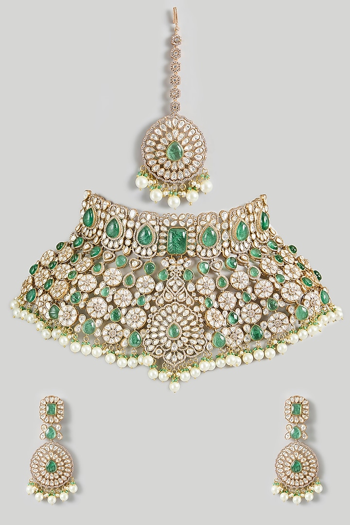 Gold Finish Kundan Polki & Emerald Stone Choker Necklace Set by JewelTreeTz at Pernia's Pop Up Shop