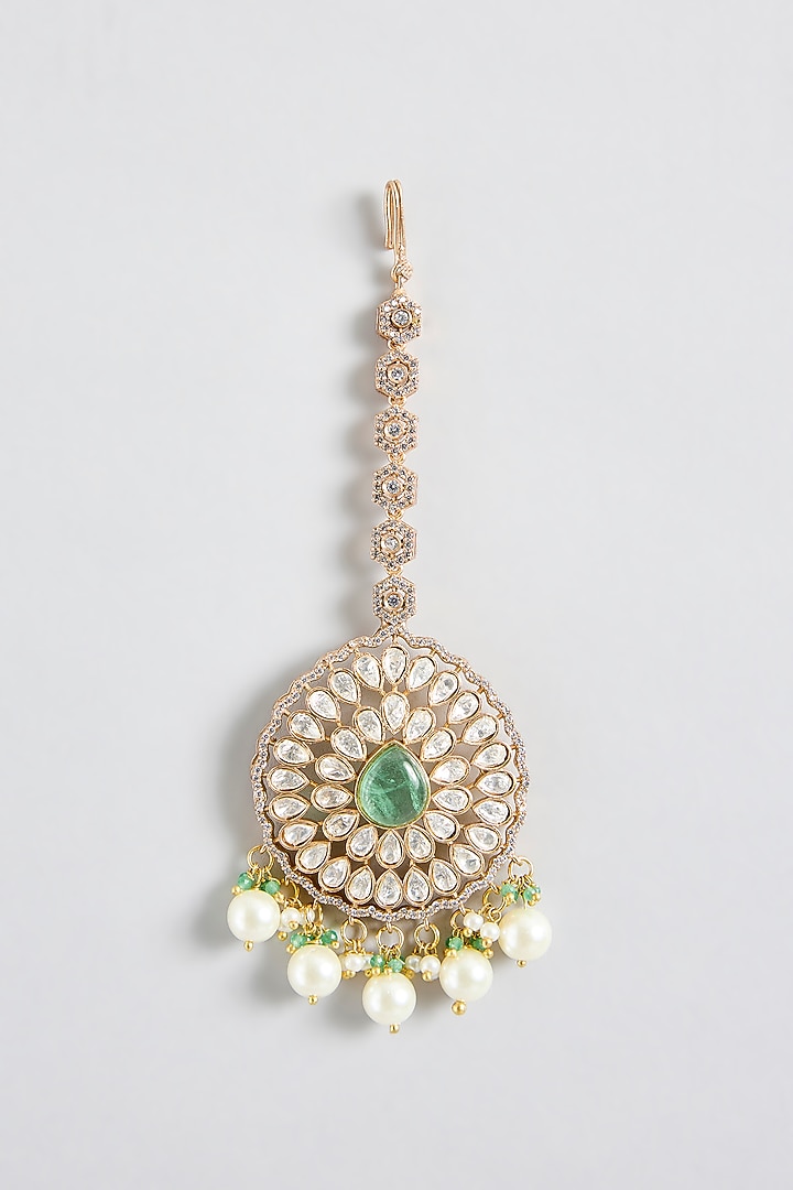 Gold Finish Kundan Polki & Emerald Stone Choker Necklace Set by JewelTreeTz at Pernia's Pop Up Shop
