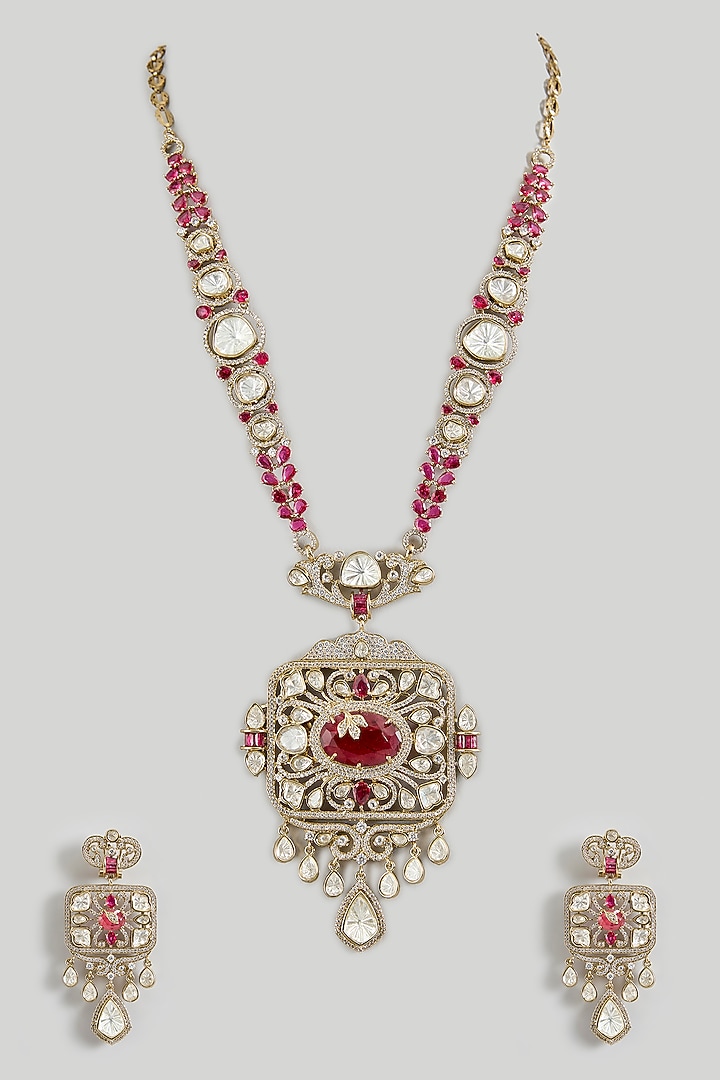 Gold Finish Kundan Polki & Ruby Stone Long Necklace Set by JewelTreeTz at Pernia's Pop Up Shop