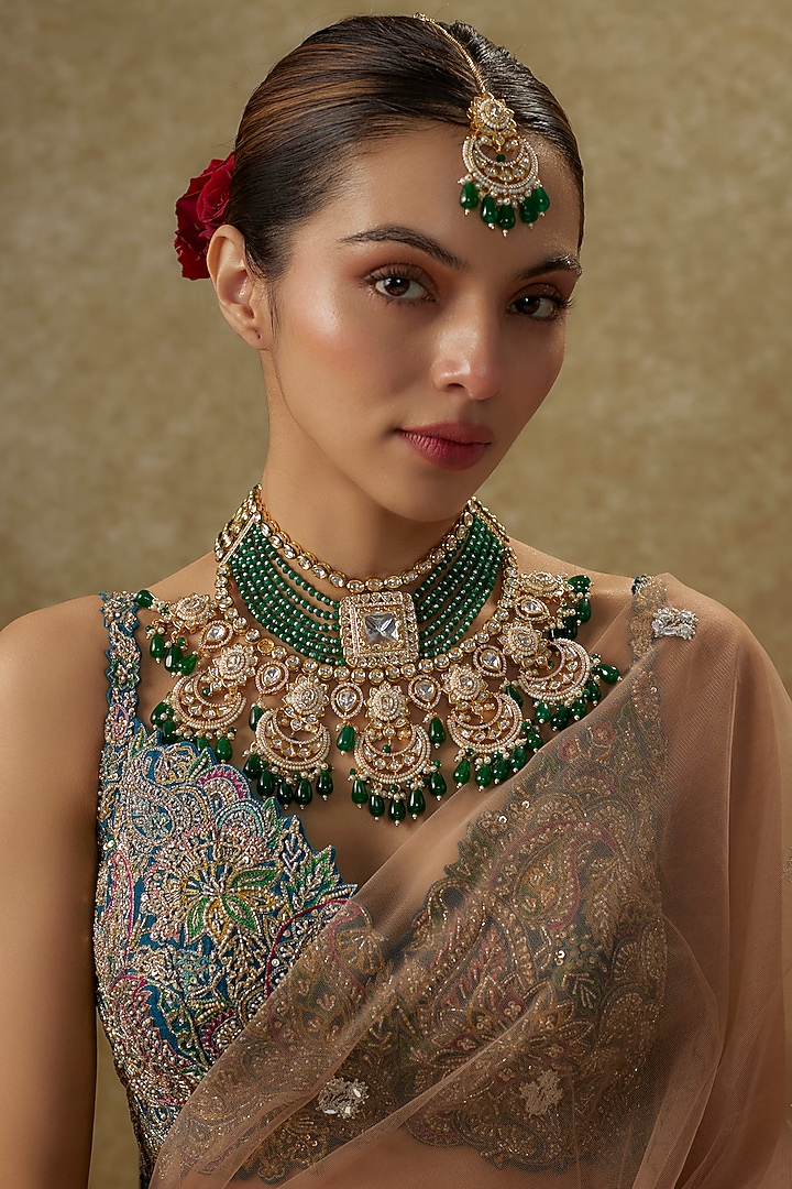Gold Finish Kundan Polki & Green Onyx Handmade Necklace Set by JewelTreeTz at Pernia's Pop Up Shop