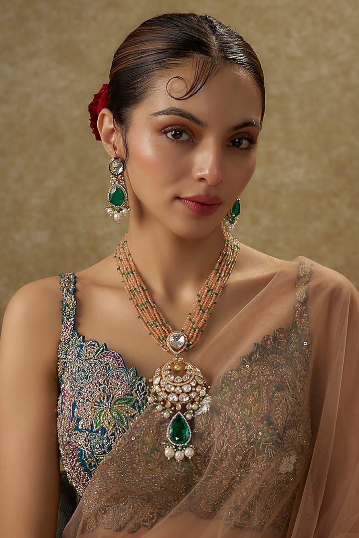 Gold Finish Kundan Polki & Emerald Doublet Stone Long Necklace Set by JewelTreeTz at Pernia's Pop Up Shop