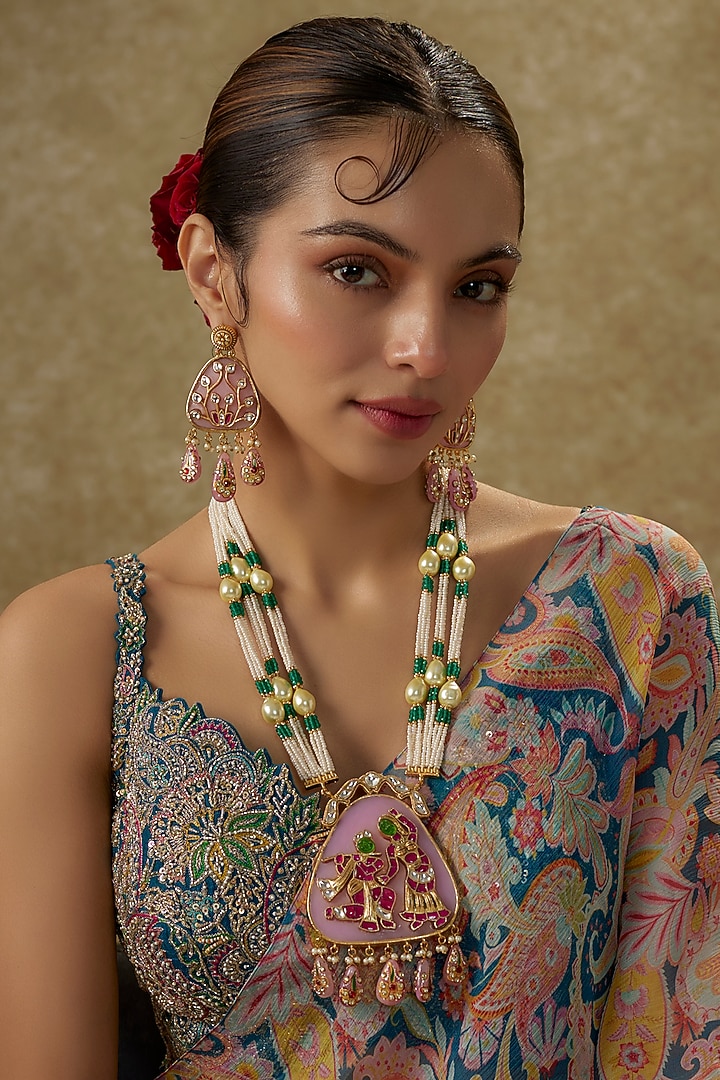 Gold Finish Pearl & Emerald Agate Beaded Long Temple Necklace Set by JewelTreeTz at Pernia's Pop Up Shop