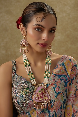 Gold Finish Pearl & Emerald Agate Beaded Long Temple Necklace Set by JewelTreeTz