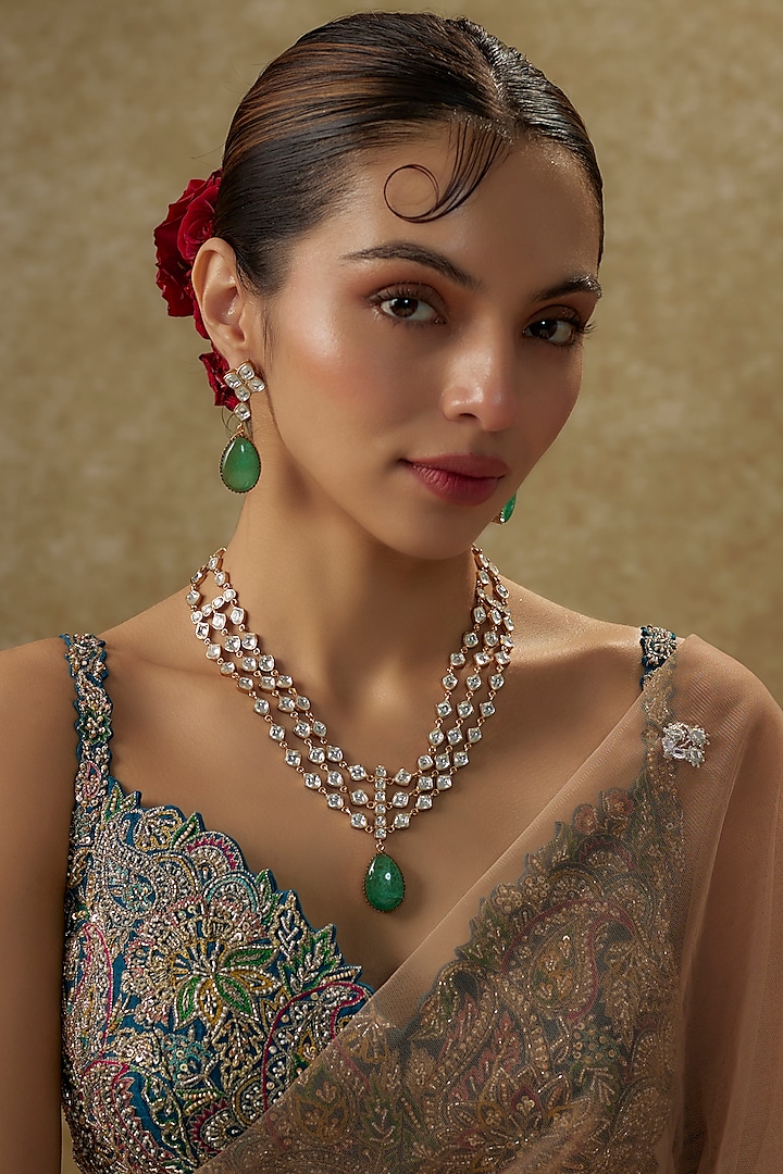 Gold Finish Moissanite Polki & Green Cabochon Layered Necklace Set by JewelTreeTz at Pernia's Pop Up Shop