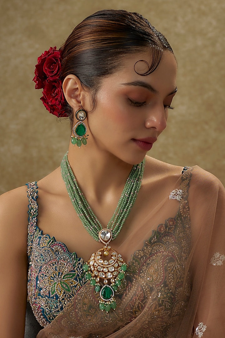 Gold Finish Kundan Polki & Emerald Doublet Stone Long Necklace Set by JewelTreeTz at Pernia's Pop Up Shop