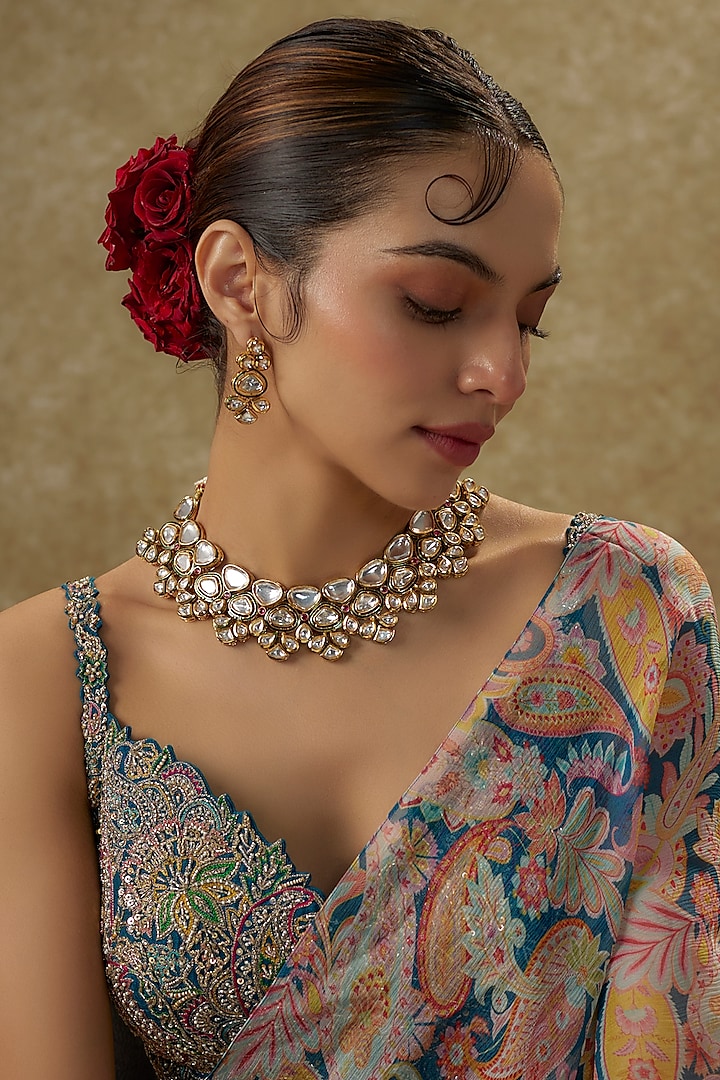 Gold Finish Kundan Polki Choker Necklace Set by JewelTreeTz at Pernia's Pop Up Shop