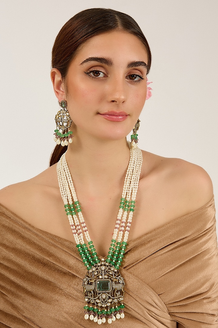 Two-Tone Finish Pearl & Green Aventurine Beaded Long Necklace Set by JewelTreeTz at Pernia's Pop Up Shop