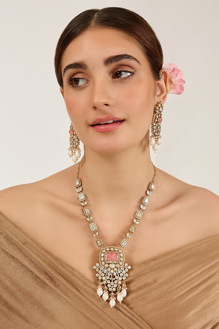 Gold Finish Kundan Polki & Rose Doublet Stone Long Necklace Set by JewelTreeTz at Pernia's Pop Up Shop