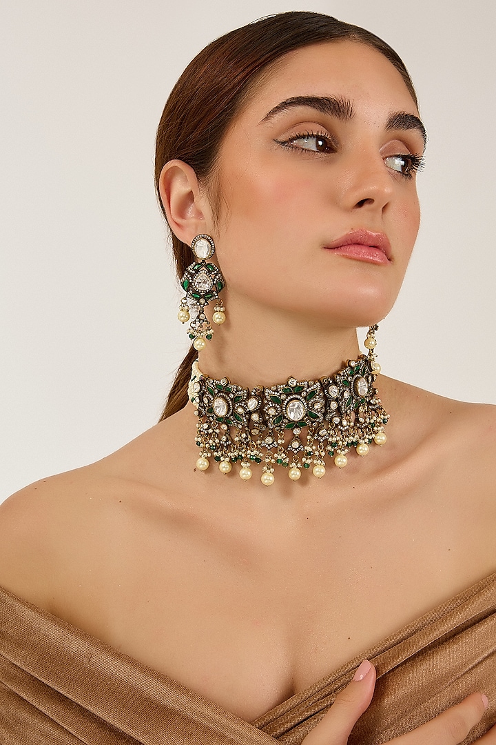 Black Rhodium Finish Moissanite Polki & Emerald Stone Choker Necklace Set by JewelTreeTz at Pernia's Pop Up Shop