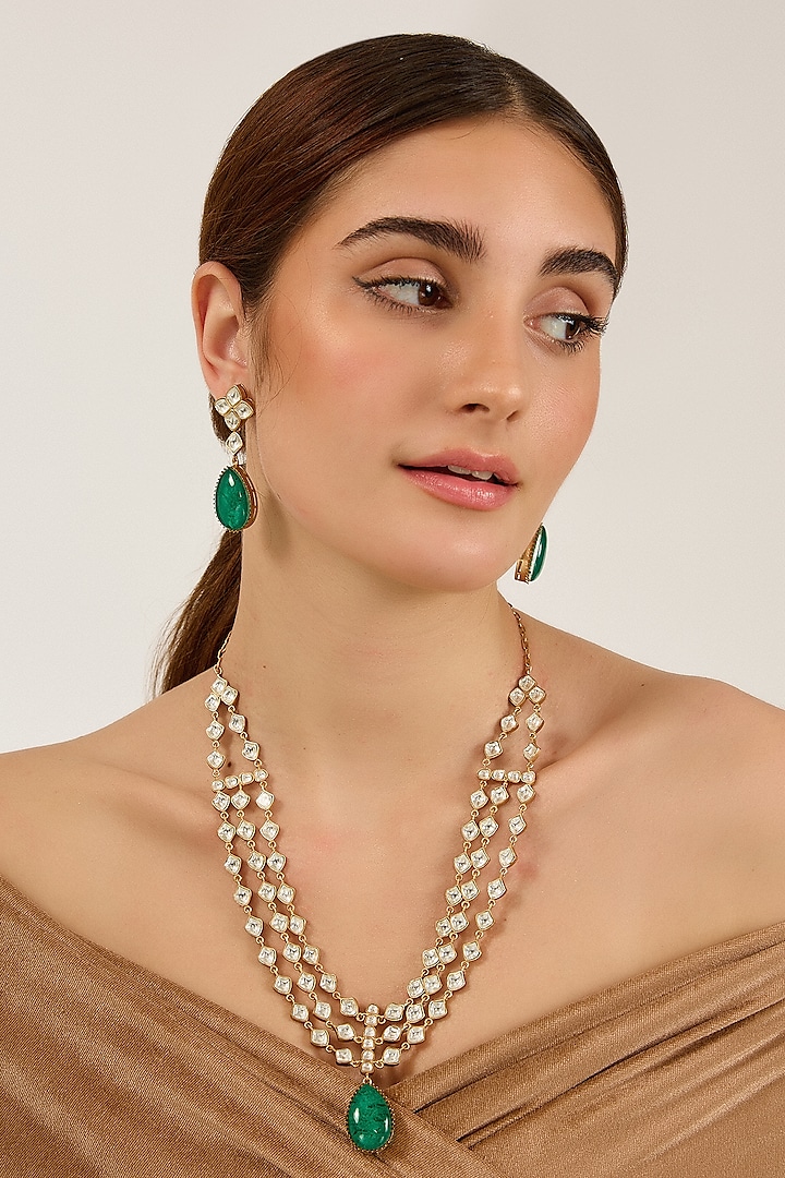 Gold Finish Moissanite Polki & Emerald Cabochon Stone Layered Necklace Set by JewelTreeTz at Pernia's Pop Up Shop