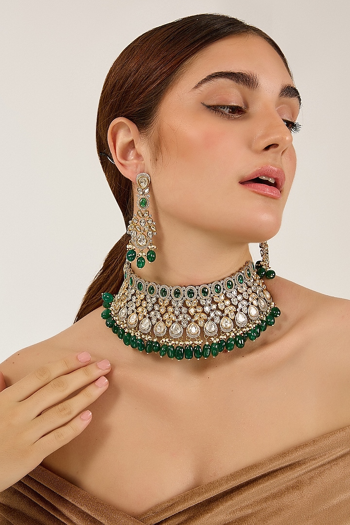 Two-Tone Finish Uncut Kundan Polki & Emerald Stone Handcrafted Choker Necklace Set by JewelTreeTz at Pernia's Pop Up Shop