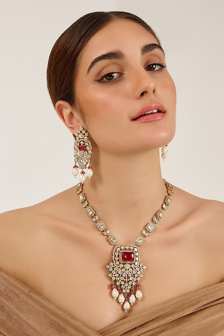 Gold Finish Moissanite & Ruby Doublet Stone Long Necklace Set by JewelTreeTz at Pernia's Pop Up Shop