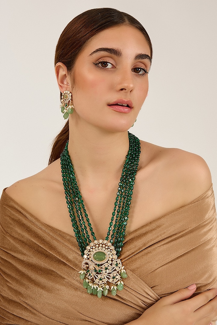 Gold Finish Uncut Kundan Polki & Emerald Agate Beaded Long Necklace Set by JewelTreeTz at Pernia's Pop Up Shop