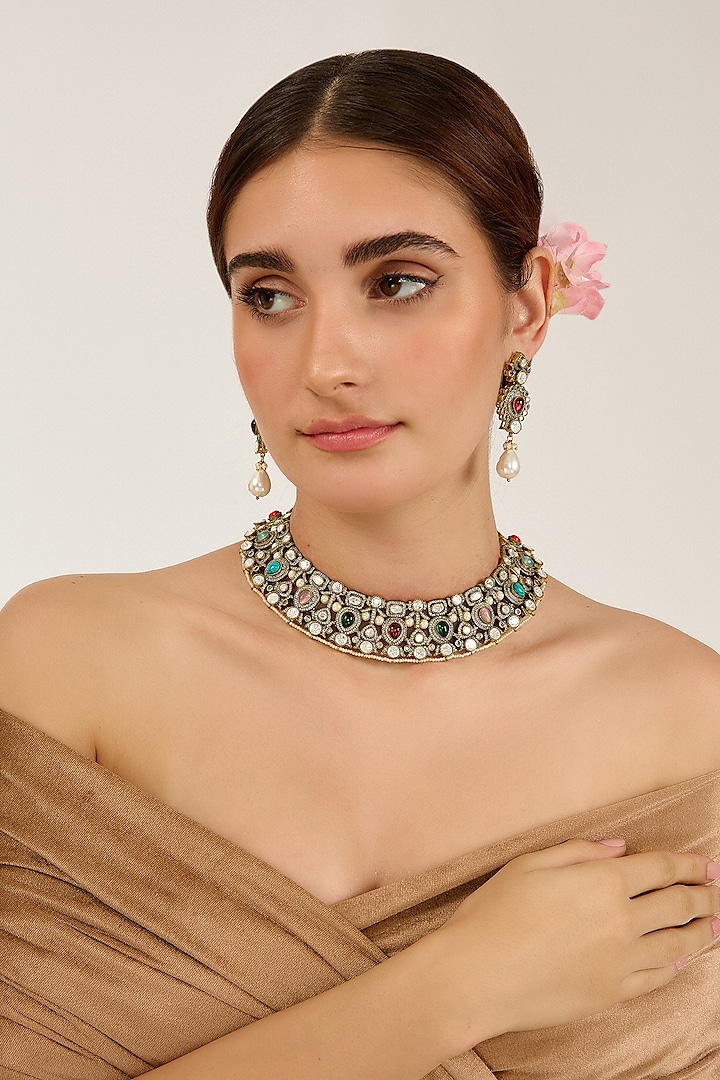 Black Rhodium Finish Uncut Kundan Polki & Hydro Quartz Stone Choker Necklace Set by JewelTreeTz at Pernia's Pop Up Shop