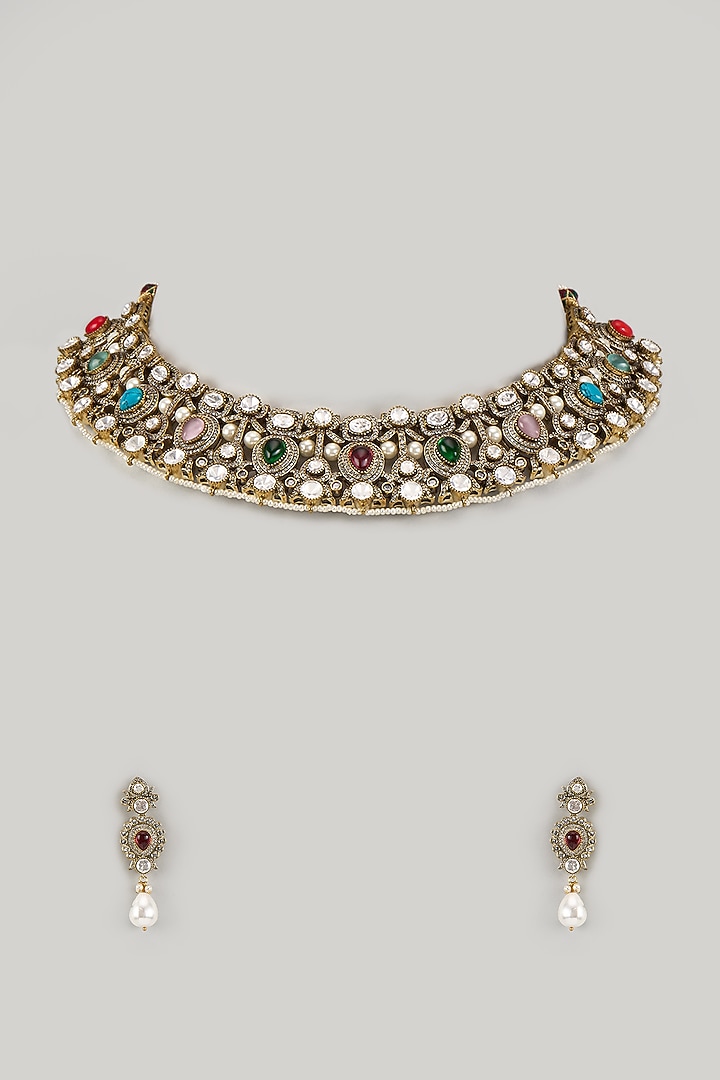 Black Rhodium Finish Uncut Kundan Polki & Hydro Quartz Stone Choker Necklace Set by JewelTreeTz at Pernia's Pop Up Shop