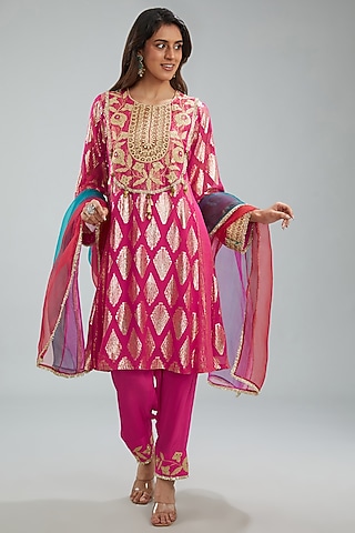 Camellia Rose Pink Viscose Crepe Dori Machine Embroidered Kurta Set by Jyoti Bansal