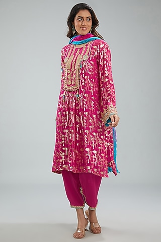 Camellia Rose Pink Lurex Woven Georgette Dori Machine Embroidered Kurta Set by Jyoti Bansal