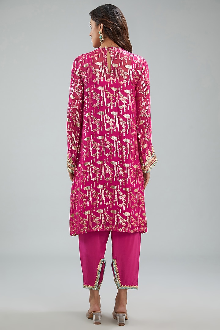 Camellia Rose Pink Lurex Woven Georgette Dori Machine Embroidered Kurta Set by Jyoti Bansal at Pernia's Pop Up Shop