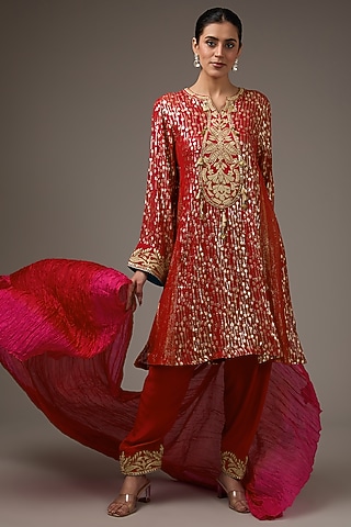 Red Georgette Machine Work Kurta Set by Jyoti Bansal