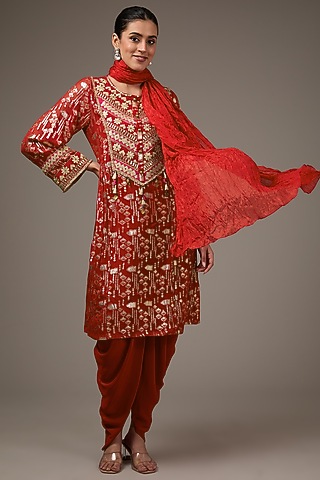 Red Georgette Machine Work Kurta Set by Jyoti Bansal