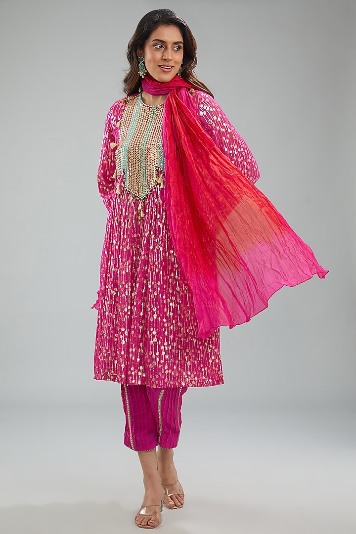 Camellia Rose Pink Lurex Woven Georgette Dori Machine Embroidered Kurta Set by Jyoti Bansal at Pernia's Pop Up Shop