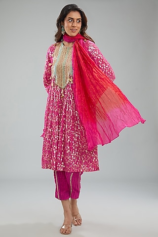 Camellia Rose Pink Lurex Woven Georgette Dori Machine Embroidered Kurta Set by Jyoti Bansal