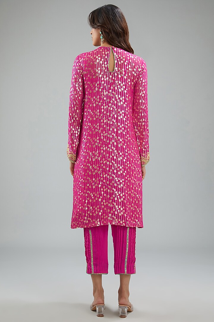 Camellia Rose Pink Lurex Woven Georgette Dori Machine Embroidered Kurta Set by Jyoti Bansal at Pernia's Pop Up Shop