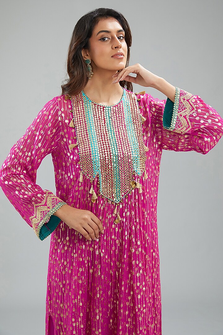 Camellia Rose Pink Lurex Woven Georgette Dori Machine Embroidered Kurta Set by Jyoti Bansal at Pernia's Pop Up Shop