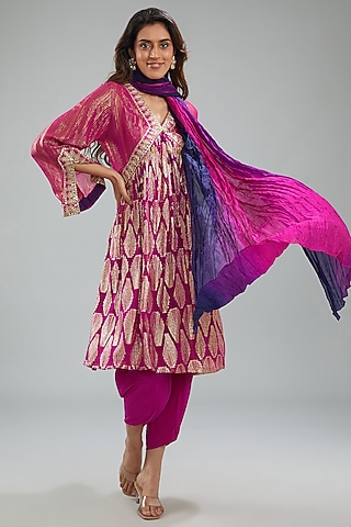 Fuchsia Pink Lurex Woven Georgette Dori Machine Embroidered Kurta Set by Jyoti Bansal