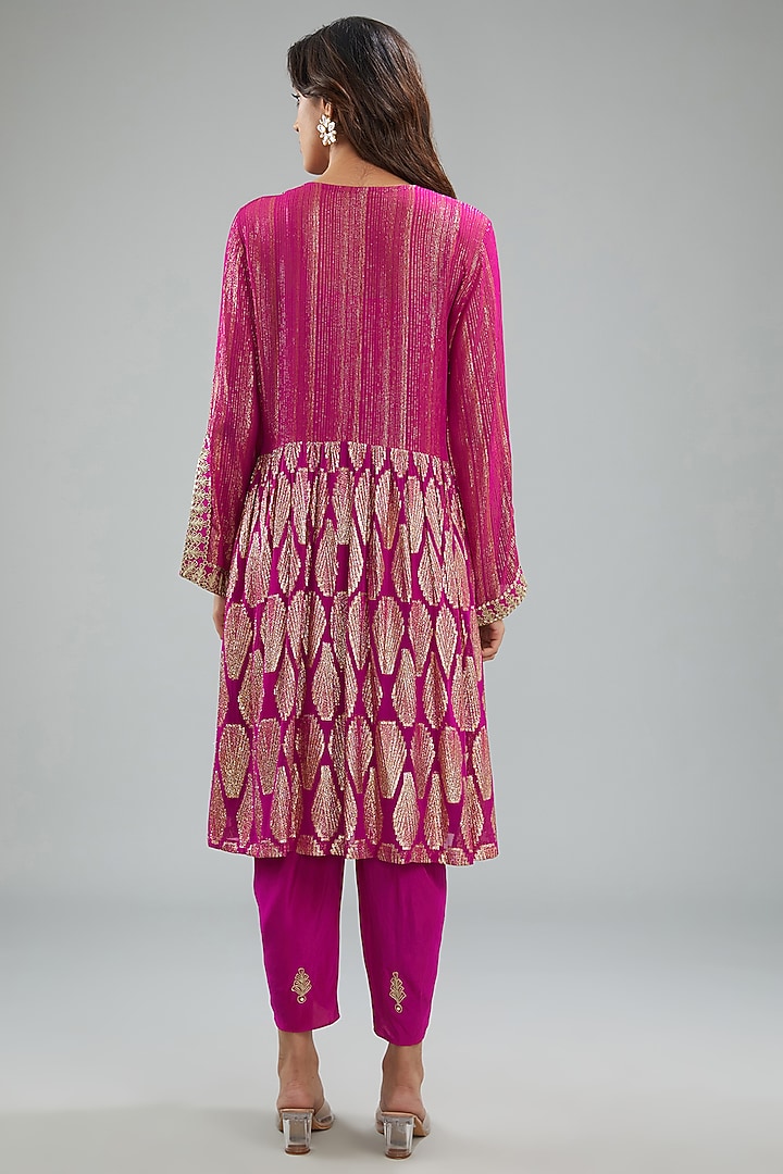 Fuchsia Pink Lurex Woven Georgette Dori Machine Embroidered Kurta Set by Jyoti Bansal at Pernia's Pop Up Shop