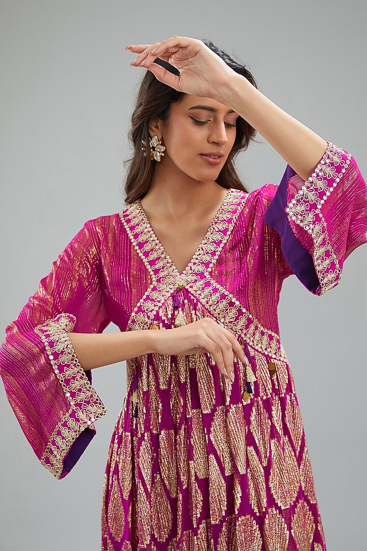 Fuchsia Pink Lurex Woven Georgette Dori Machine Embroidered Kurta Set by Jyoti Bansal at Pernia's Pop Up Shop