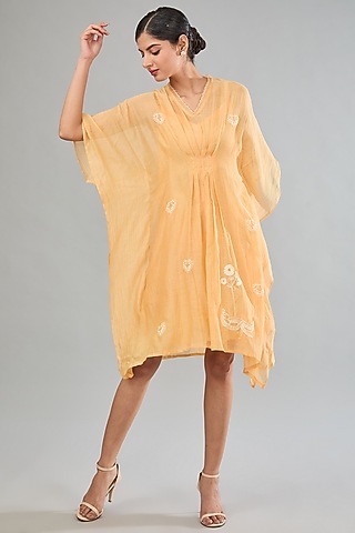 Yellow Mul Chanderi Embroidered Kaftan by Jyoti Bansal