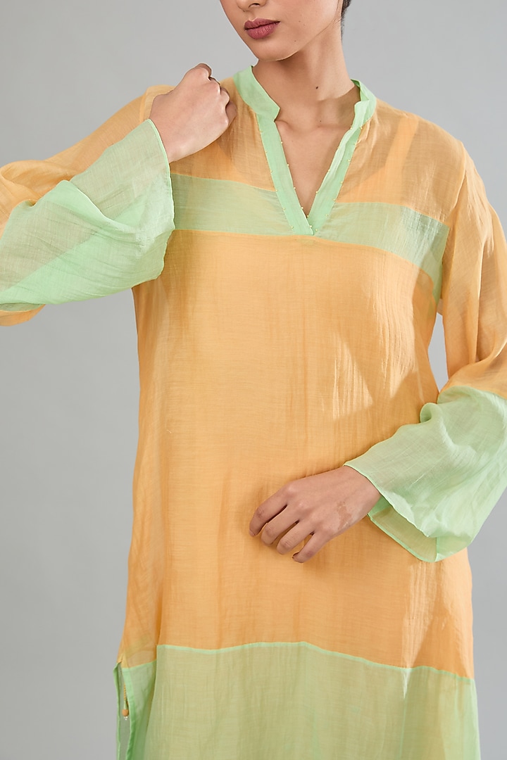 Yellow & Green Mul Chanderi Machine Embroidered Tunic by Jyoti Bansal at Pernia's Pop Up Shop