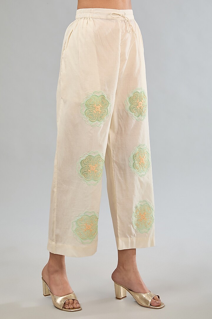 Off-White Cotton Machine Embroidered Straight Pants by Jyoti Bansal at Pernia's Pop Up Shop