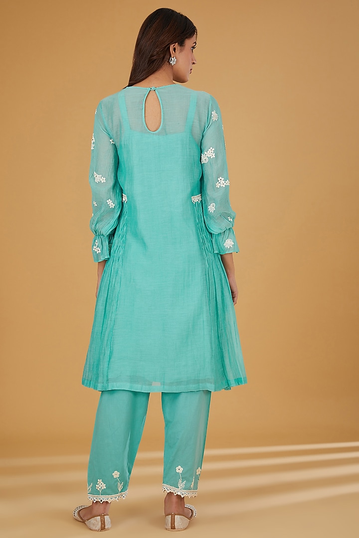 Tiffany Blue Mul Chanderi Embroidered Kurta Set by Jyoti Bansal at Pernia's Pop Up Shop