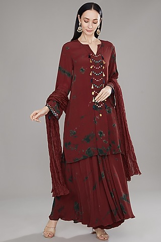 Rust Natural Crepe MIrror Embroidered Kurta Set by Jyoti Bansal