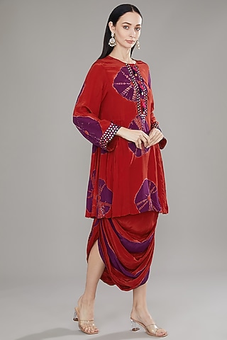 Red Natural Crepe Tassels Embroidered Kurta Set by Jyoti Bansal