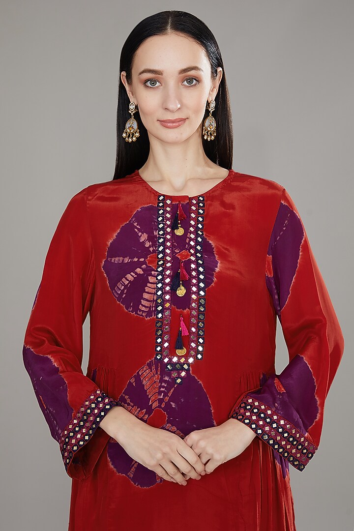 Red Natural Crepe Tassels Embroidered Kurta Set by Jyoti Bansal at Pernia's Pop Up Shop