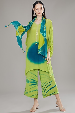 Lime Green Natural Crepe Tie-Dye Kurta Set by Jyoti Bansal