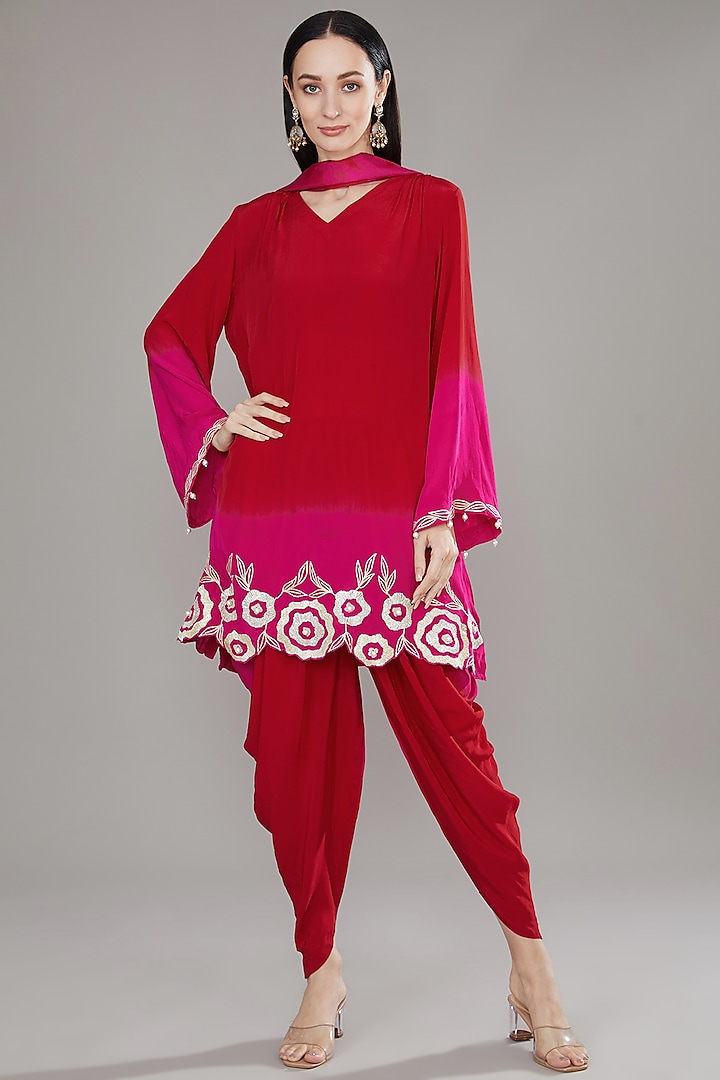 Red & Pink Ombre Natural Crepe Tie-Dye & Gota Embroidered Kurta Set by Jyoti Bansal
