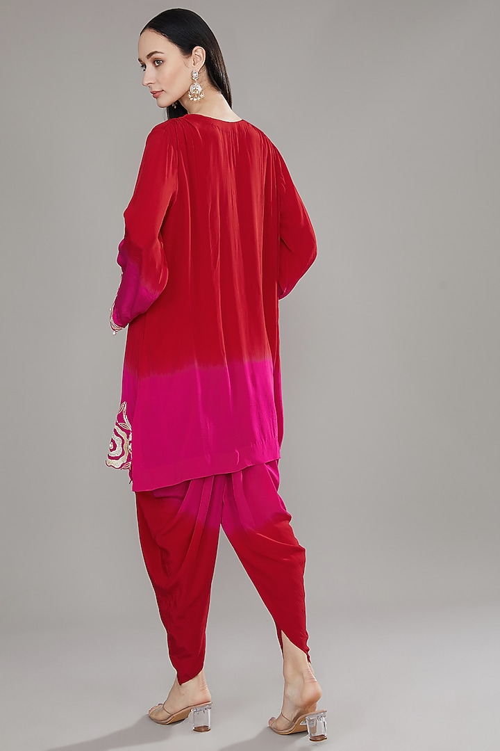 Red & Pink Ombre Natural Crepe Tie-Dye & Gota Embroidered Kurta Set by Jyoti Bansal at Pernia's Pop Up Shop