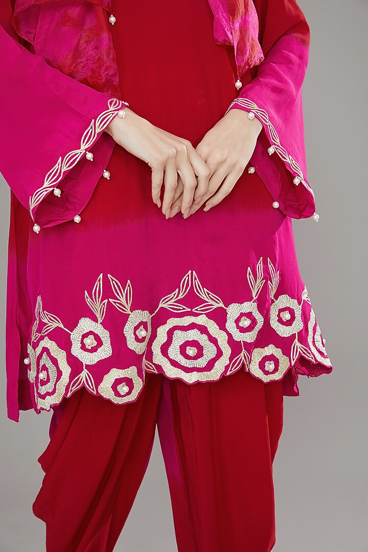 Red & Pink Ombre Natural Crepe Tie-Dye & Gota Embroidered Kurta Set by Jyoti Bansal at Pernia's Pop Up Shop