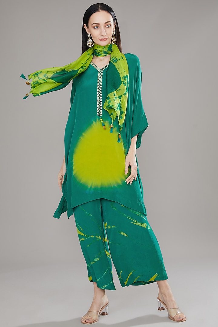 Deep Green Ombre Natural Crepe Tie-Dye Kurta Set by Jyoti Bansal