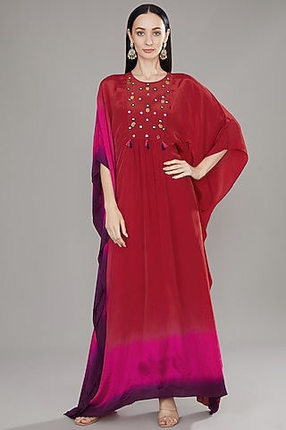 Pink & Red Natural Crepe Mirror Embroidered Kaftan by Jyoti Bansal