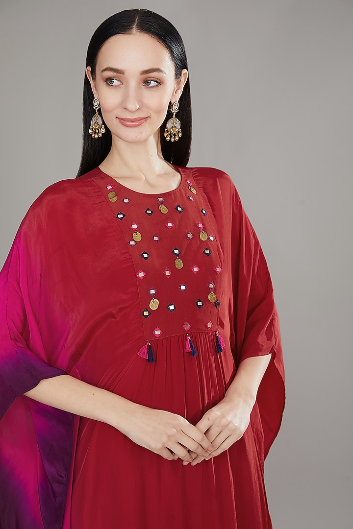 Pink & Red Natural Crepe Mirror Embroidered Kaftan by Jyoti Bansal at Pernia's Pop Up Shop