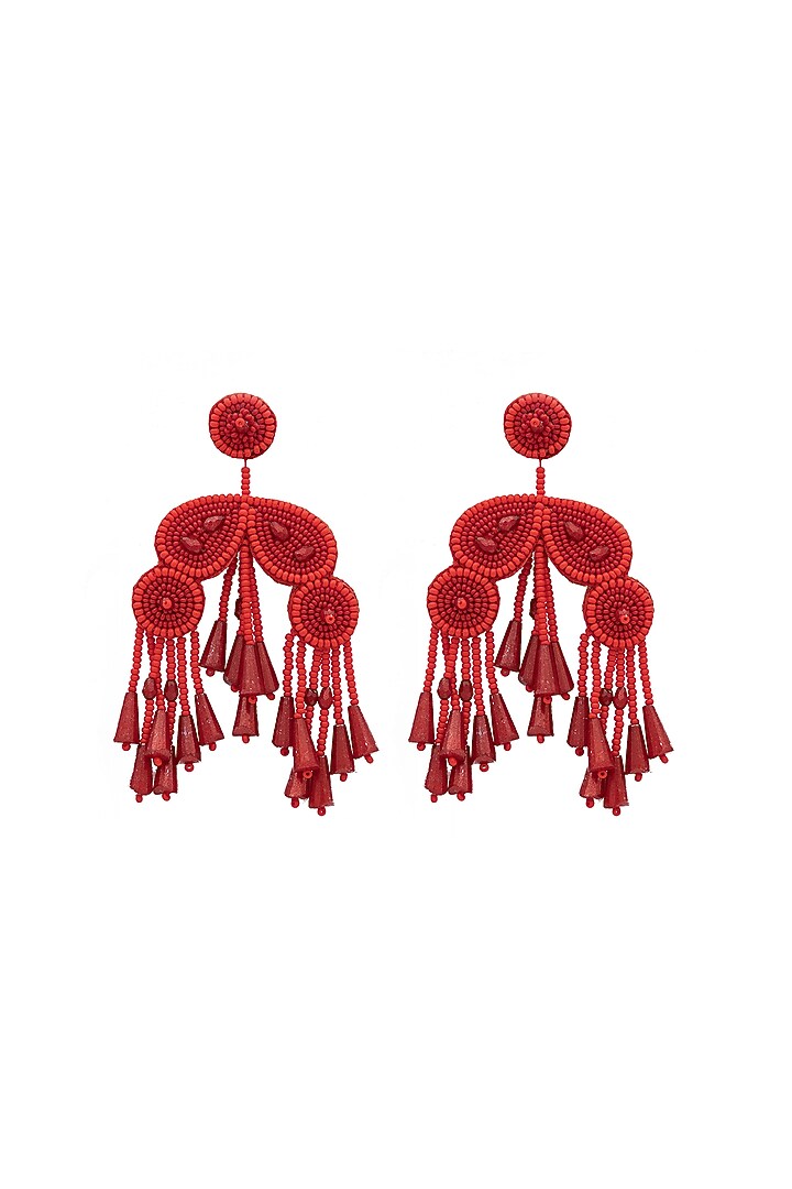 Red Crystal & Bead Embroidered Dangler Earrings by Jyo Das Accessories at Pernia's Pop Up Shop