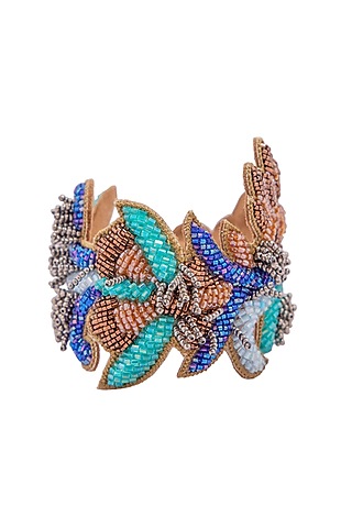 Multi-Colored Floral Hand Embroidered Cuff Bracelet by Jyo Das Accessories
