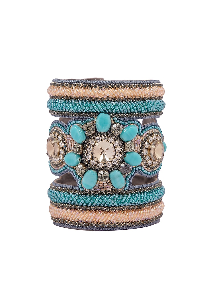 Aqua Hand Embroidered Cuff Bracelet by Jyo Das Accessories at Pernia's Pop Up Shop